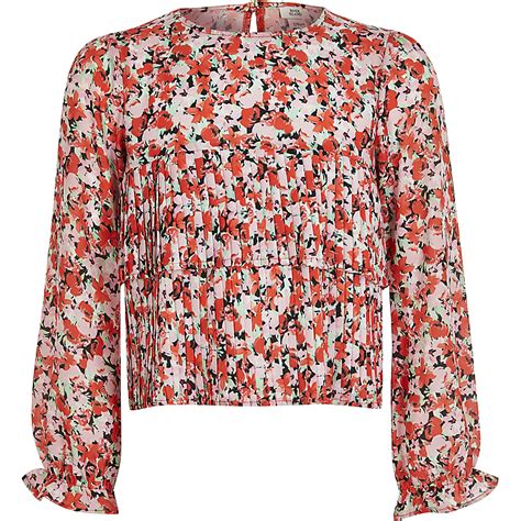 Girls Pink Floral Pleated Frill Blouse River Island