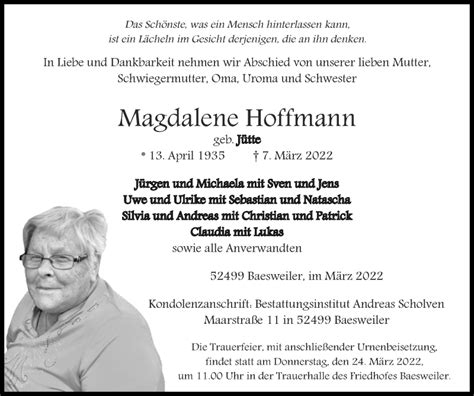 Traueranzeigen Von Magdalene Hoffmann Aachen Gedenkt