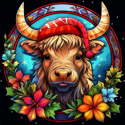 A Close Up Of A Cow Wearing A Red Hat With Flowers Generative Ai