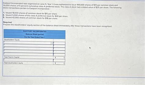 Solved Eastport Incorporated Was Organized On June 5 Year Chegg