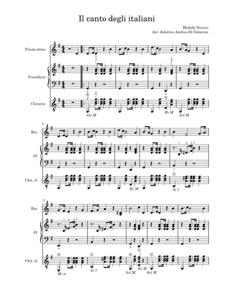 Il Canto Degli Italiani Sheet Music For Piano Guitar Recorder Mixed