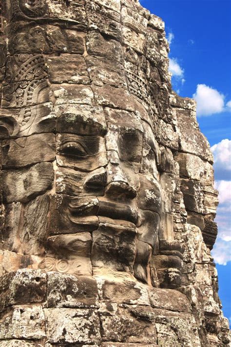 Giant Stone Face In Prasat Bayon Temple Angkor Wat Cambodia Stock