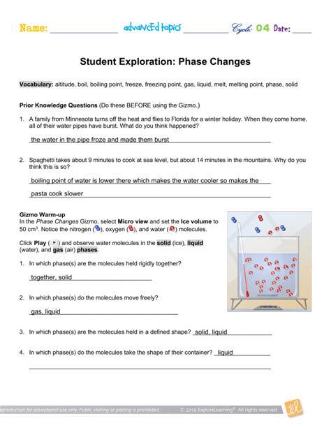 Gizmo Phase Changes Exploration Guide Answer Key