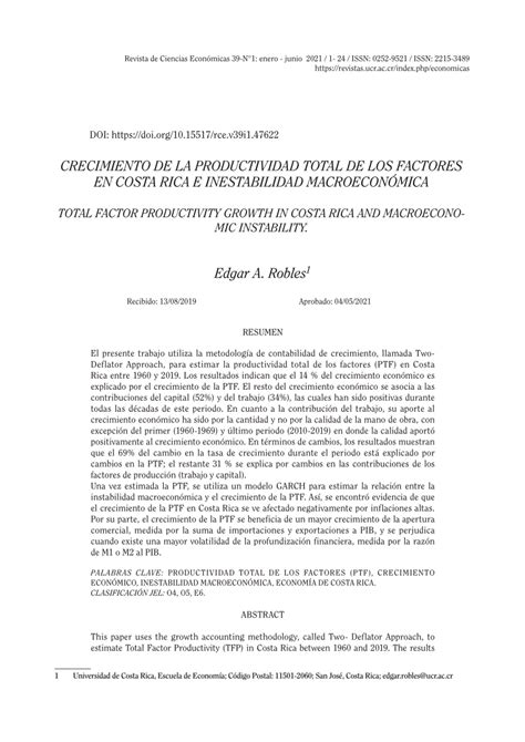 Pdf Crecimiento De La Productividad Total De Los Factores En Costa