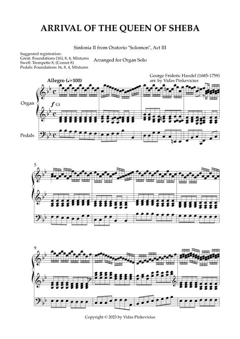 Arrival Of The Queen Of Sheba Arr For Organ Solo Arr Vidas Pinkevicius By George Frideric