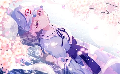 Anime Touhou Cherry Blossom Flower Girl Hat Pink Eyes Pink Hair