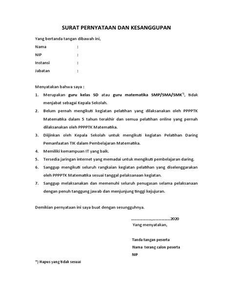 Surat Pernyataan Dan Kesanggupan Pelatihan Daring Tik 2020 4 Pdf