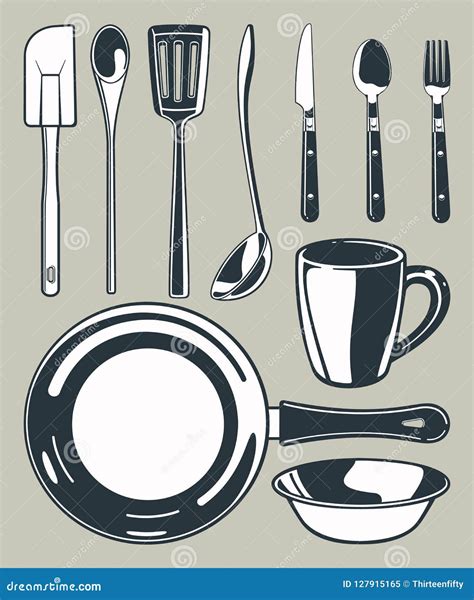 Kitchen Utensil Black and White Vector Graphic Set Stock Vector ...