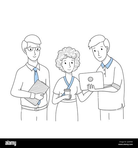 Doodle business people team, businessmen with laptop or clip board and woman holding coffee cup ...