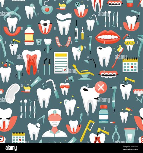 Vector Seamless Pattern With Dentistry Icons Dental Background Stock