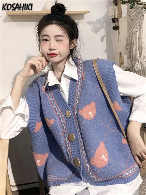 Kosahiki Bear Print Kawaii Waistcoat Women Japanese Harajuku Button Up