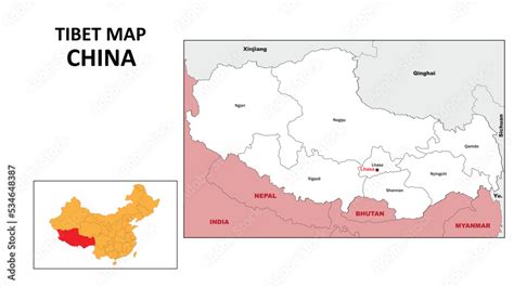 Tibet Map of China. State and district map of Tibet. Administrative map ...