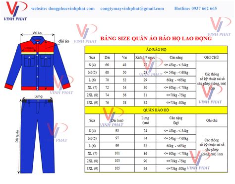 Bảng Size Quần áo Bảo Hộ Lao động May ĐỒng PhỤc Cao CẤp Vp