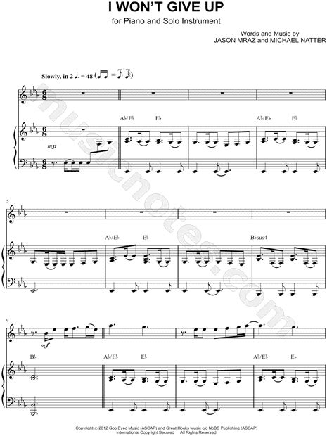 I Wont Give Up C Instrument And Piano By Jason Mraz Sheet Music Collection Solo