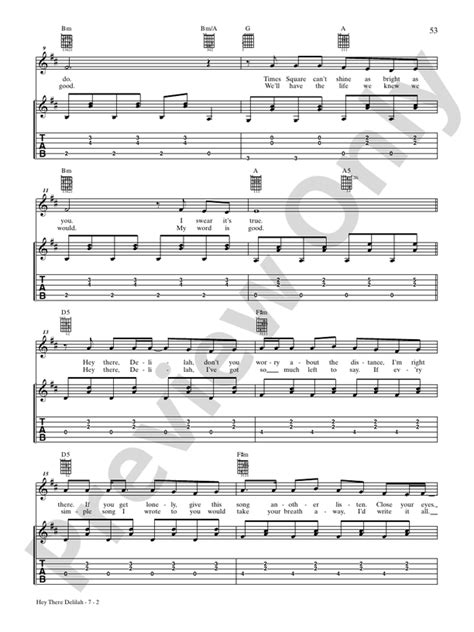 Hey There Delilah Guitar Plain White T S Digital Sheet Music Download