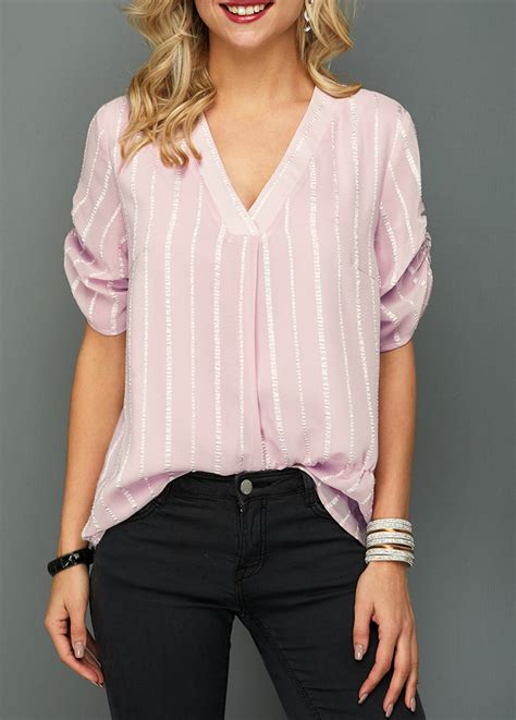 Half Sleeve V Neck Stripe Print Blouse Liligal Usd