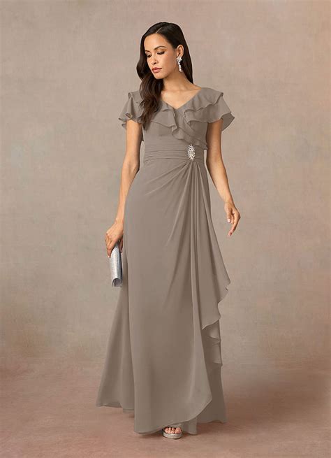 Azazie Snapdragon Taupe A Line V Neck Ruched Chiffon Dress Azazie Ca