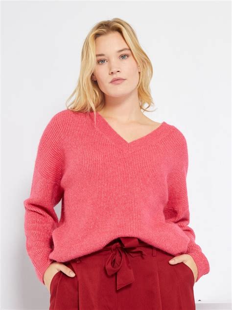 Pull Col V En Maille Tricot Rose Kiabi