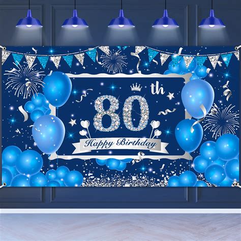 Buy Blue 80th Birthday Decorations Banner for Men Women, Navy Blue Silver Happy 80th Birthday ...