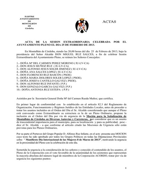 Acta De La Sesion Ordinaria Celebrada Por El Ayuntamiento Pleno El