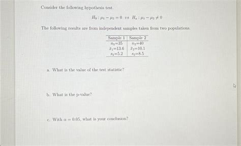 Solved Consider The Following Hypothesis Test Ho μι μ2