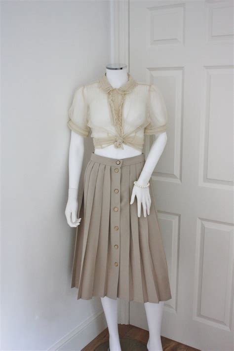 Beige Pleated Skirt Vintage Skirts Midi 1990s Etsy Uk Beige