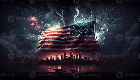 American Flag Waving In The Air With Fireworks And Night Scene View Fourth Of July Concept