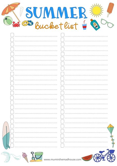 Printable Summer Bucket List Template Printable Templates