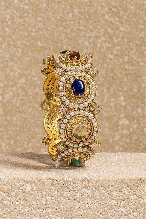 Buy Multi Color Fresh Water Pearls Cabochon Embellished Kada By Tarun