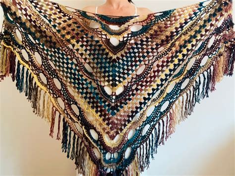 Burnt Orange Triangle Shawl Fringe Crochet Plus Size Wool Etsy