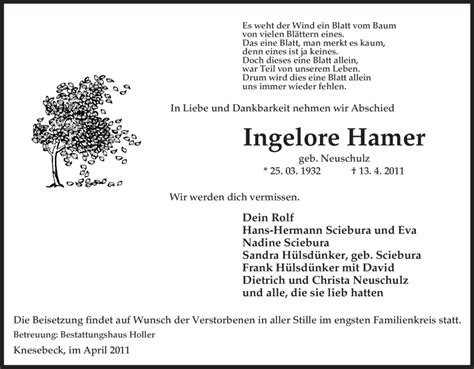 Traueranzeigen Von Ingelore Hamer AZ Trauer De