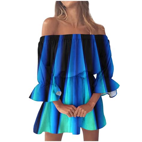 Summer Dresses For Women Sexy Off The Shoulder Flare Sleeve Stretch Chiffon Swing Mini Dress