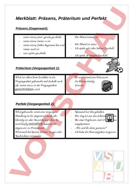 Arbeitsblatt Merkblatt Vergangenheit Deutsch Grammatik