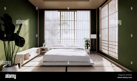 Bedroom japanese minimal style.,Modern green wall and wooden floor ...