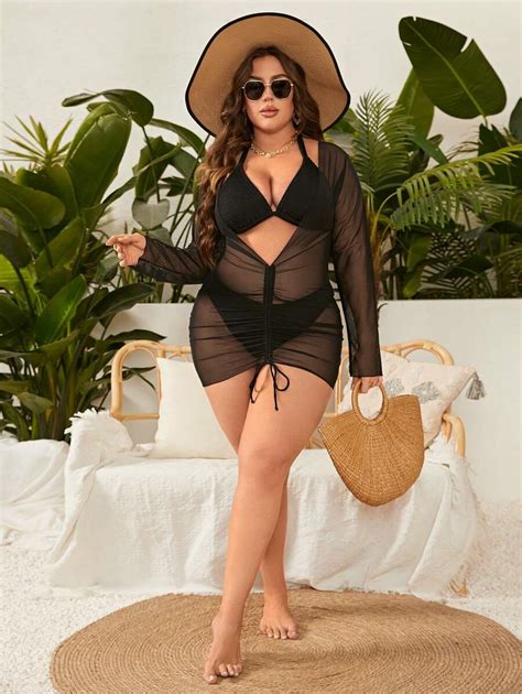 Shein Swim Curve Juego De Bikini Triangular Halter Liso De Talla Grande