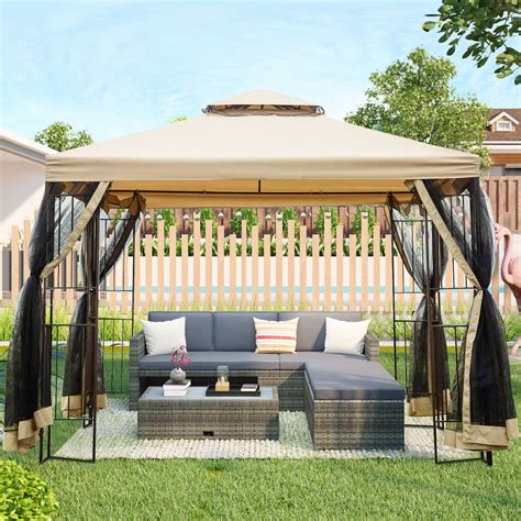 Gazebo with Netting, 10 x 10ft Patio Canopy Tent With Double Roof And ...