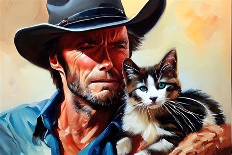 Clint Eastwood With Kitten Oil Painting Digital Art By Star Dreamer