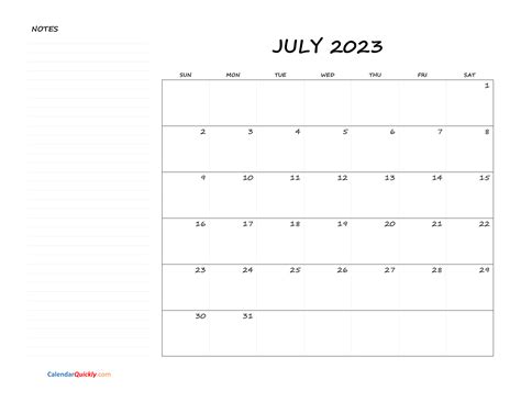 July Blank Calendar 2023 with Notes | Calendar Quickly