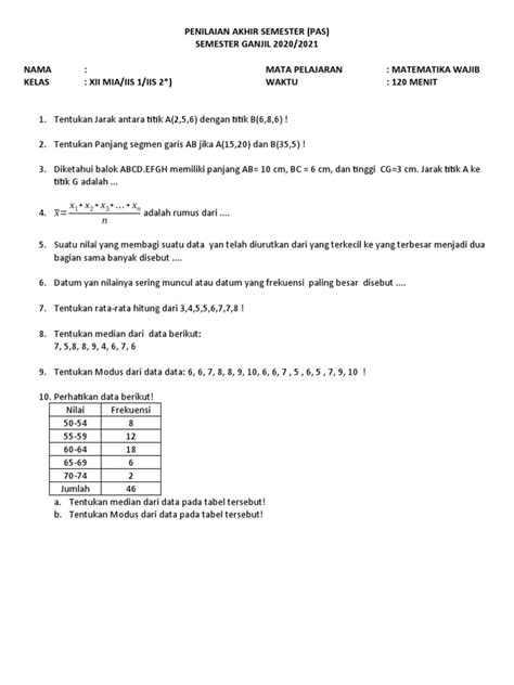 Pas Ganjil Matematika Wajib Xii 2020 Essai Pdf