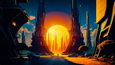 An Image Of Futuristic City At Sunset Generative Ai Stock Illustration