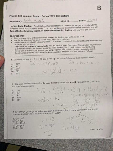 Solved Section 002 04 Physics 122 Common Exam 1 Spring