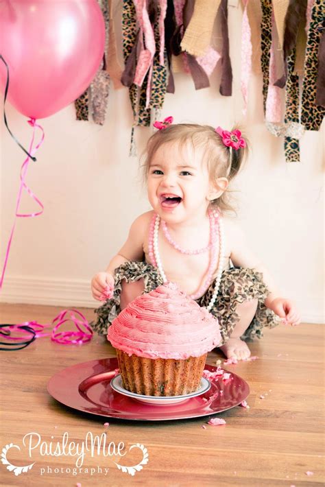 First Birthday Cake Smash Cute Girl Pink And Cheeta Sweet Laugh