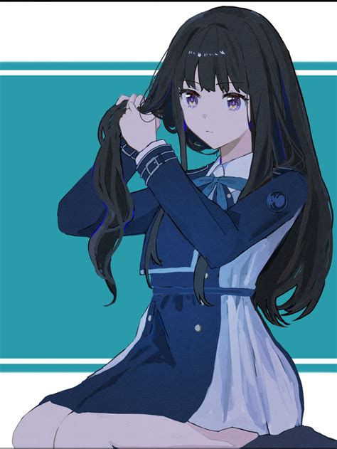 Safebooru 1girl 7mia Adjusting Hair Black Hair Blue Jacket Blue Skirt