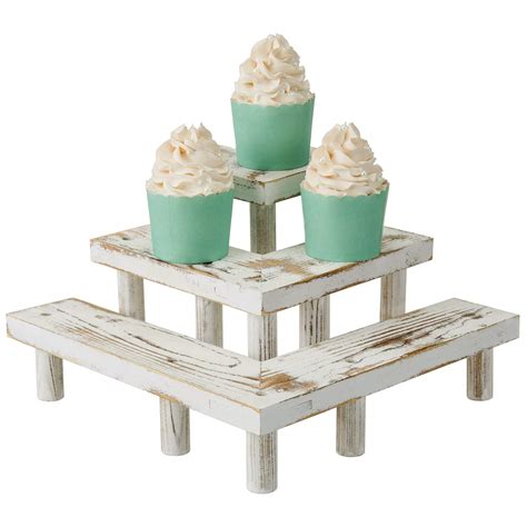 MyGift 3 Tier Cupcake Stand Vintage Whitewashed Solid Wood Corner