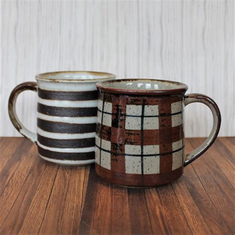 Vintage Stoneware Mug Set Of 2 Tan Brown Rustic Stripe And Plaid Design