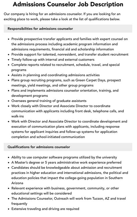 Admissions Counselor Job Description Velvet Jobs