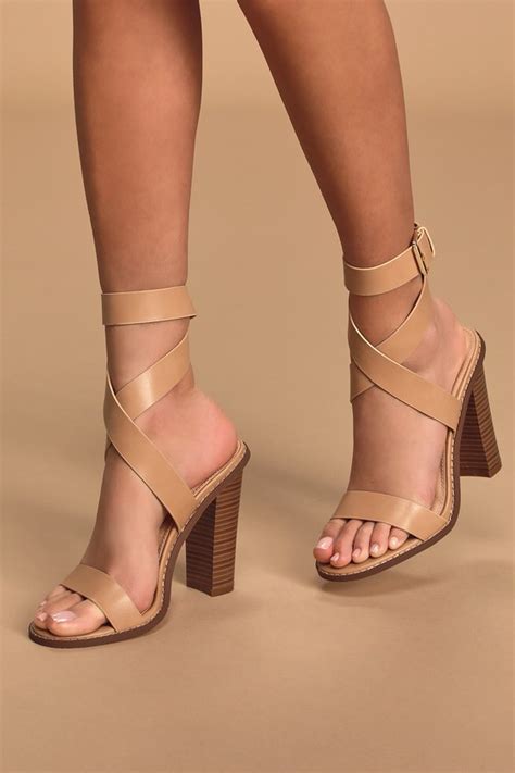 Light Nude Heels Ankle Strap Heels Wood Look Stacked Heels Lulus