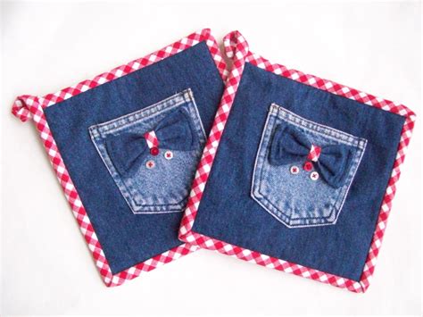 Denim Potholders Recycled Denim Denim And Red Gingham Set