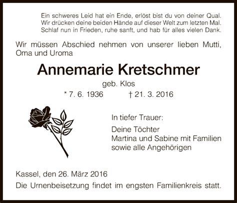 Traueranzeigen Von Annemarie Kretschmer Trauer HNA De