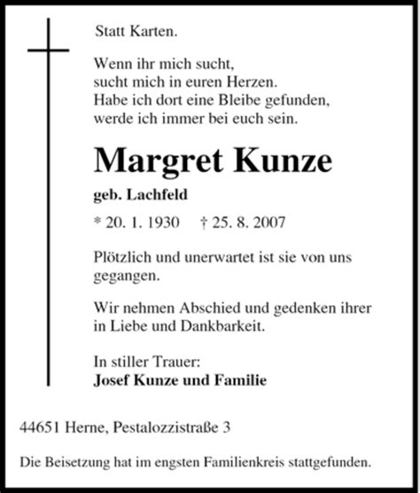 Traueranzeigen Von Margret Kunze Trauer In Nrw De